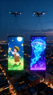 P15 Smart Control IP68 LED Drone Screen Programmable Flexible Tranceparent Screen for Concert Shows Flag Logo Display Weddings and Birthday Parties