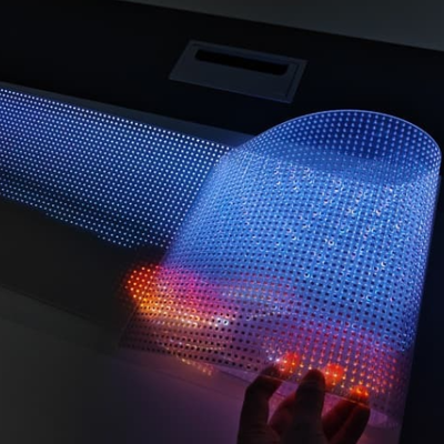 P8 LED Transparent Film Screen with ninety percent transparency and ultra thin flexible film for seamless integration on glass facades